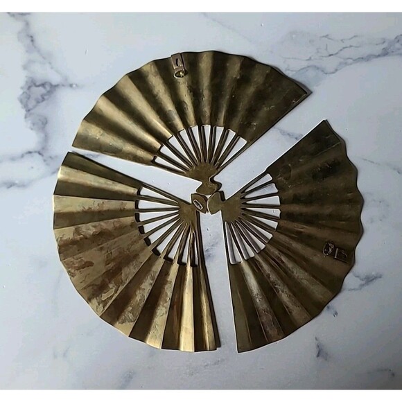 Solid Brass Mid-Century Asian Fan With Phoenix Wall Decor Vintage, Set Of Three - Picture 5 of 10